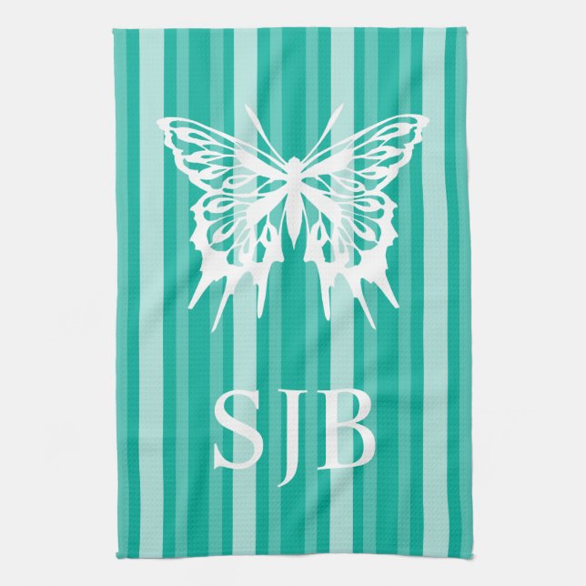 Aqua Victorian Rand med Butterfly Monogram Kökshandduk (Vertikal)
