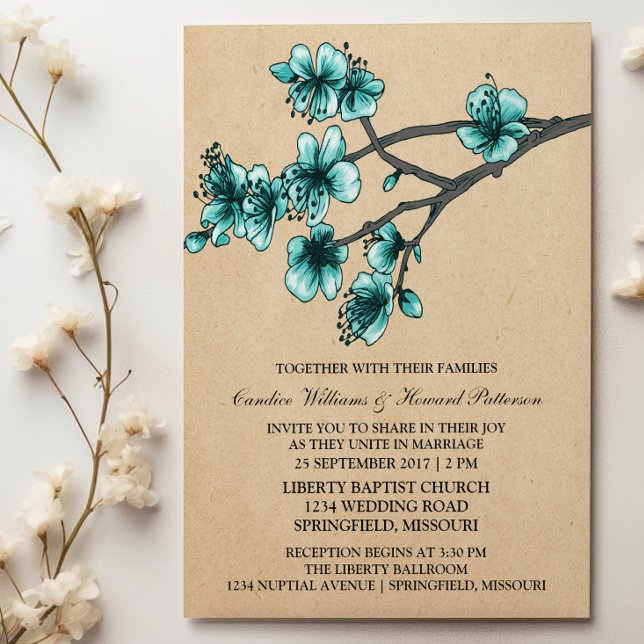 Aqua Vintage Cherry Blommars bröllopsinbjudan Inbjudningar (Aqua Vintage Cherry Blossoms Wedding Invite)