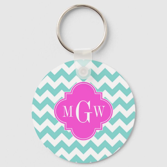 Aqua Vit Chevron Hot Rosa Quatrefoil 3 Monogram Nyckelring (Framsida)