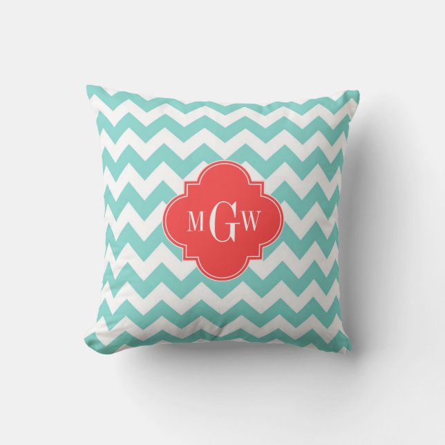 Aqua Vit Chevron Korallröd Fyrklöver 3 Monogram Kudde (Framsida)