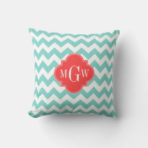 Aqua Vit Chevron Korallröd Fyrklöver 3 Monogram Kudde