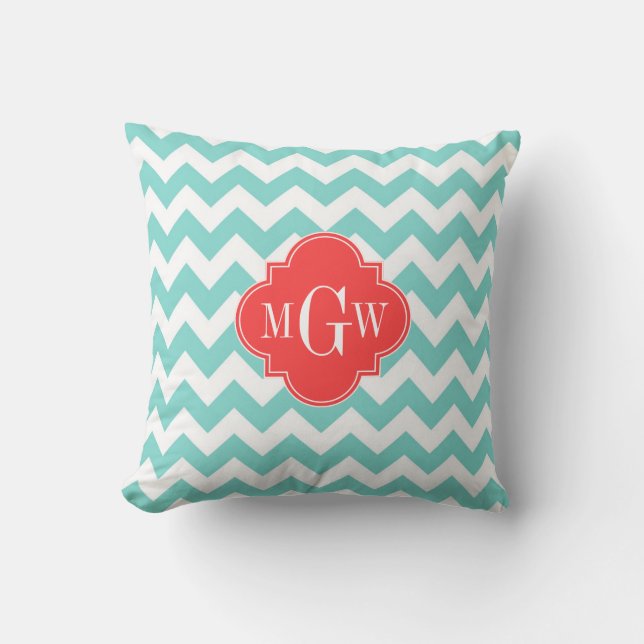 Aqua Vit Chevron Korallröd Fyrklöver 3 Monogram Kudde (Framsida)