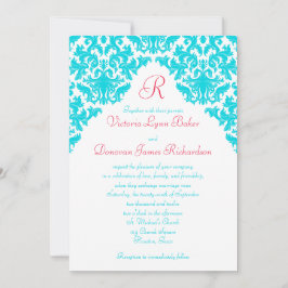 Aqua, vit, röd Damask Monogrammed Inbjudan