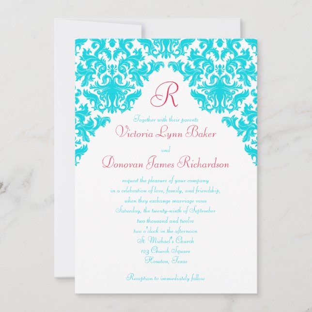 Aqua, vit, röd Damask Monogrammed Inbjudan (Framsida)