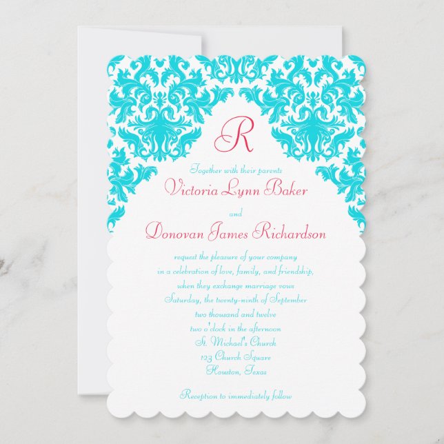 Aqua, vit, röd Damask Monogrammed Inbjudan (Framsida)