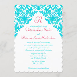 Aqua, vit, röd Damask Monogrammed Inbjudan