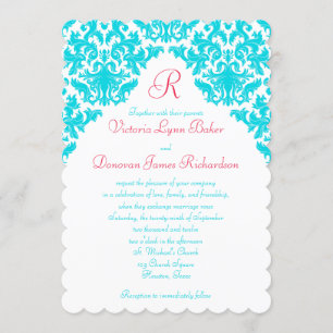 Aqua, vit, röd Damask Monogrammed Inbjudan