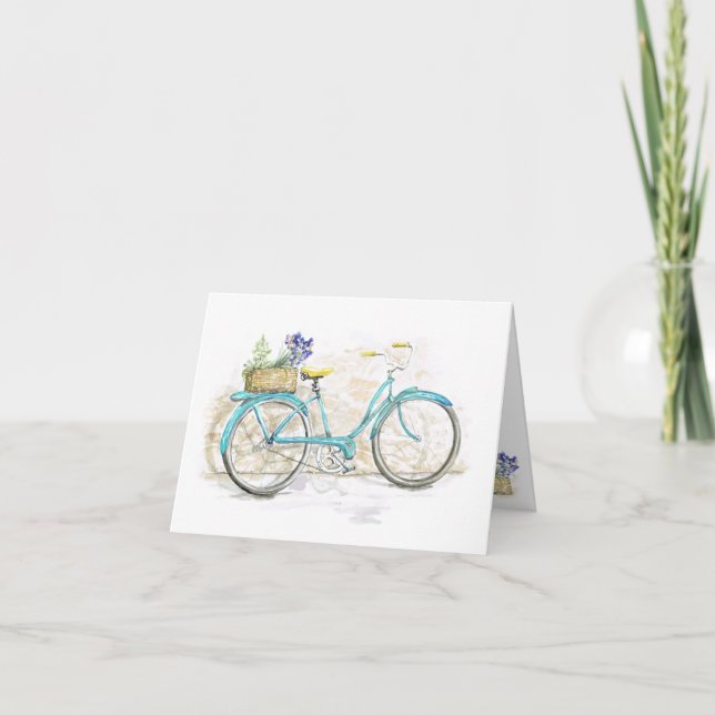 Aqua Watercolor Bicycle med Basket Kort (Framsida)