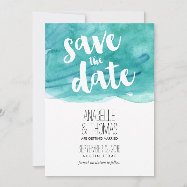 Aqua Watercolor Bröllop Save the Date Inbjudningar (Framsida)