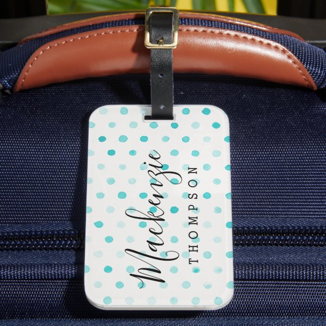 Aqua Watercolor Dots Monogram Bagagebricka (Framsida Insitu 2)