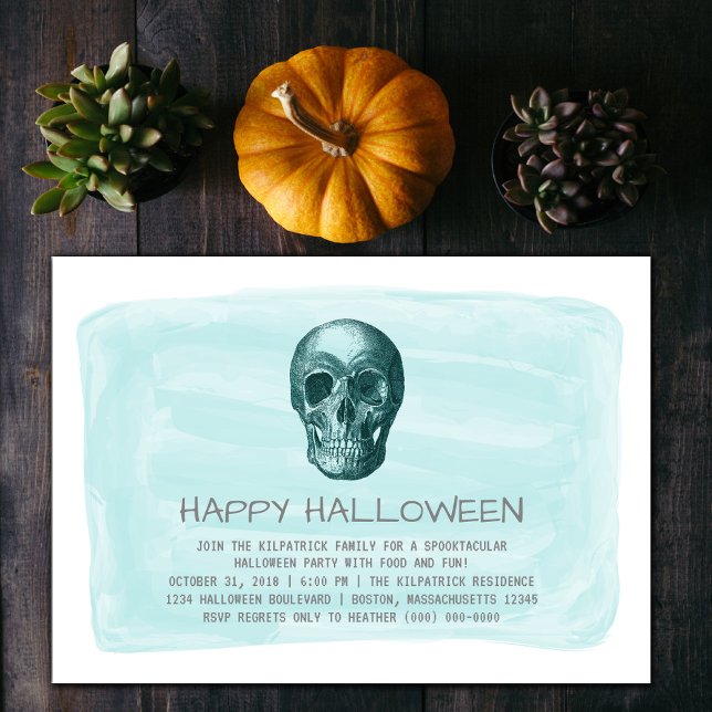 Aqua Watercolor Skull Halloween fest Inbjudan (Aqua Watercolor Skull Halloween Party Invite)