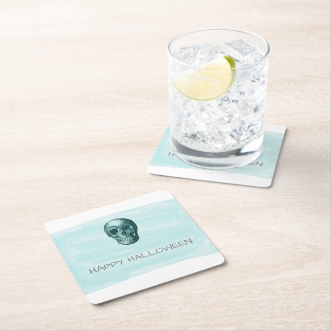 Aqua Watercolor Skull Halloween Papper Underlägg Kvadrat (Insitu)