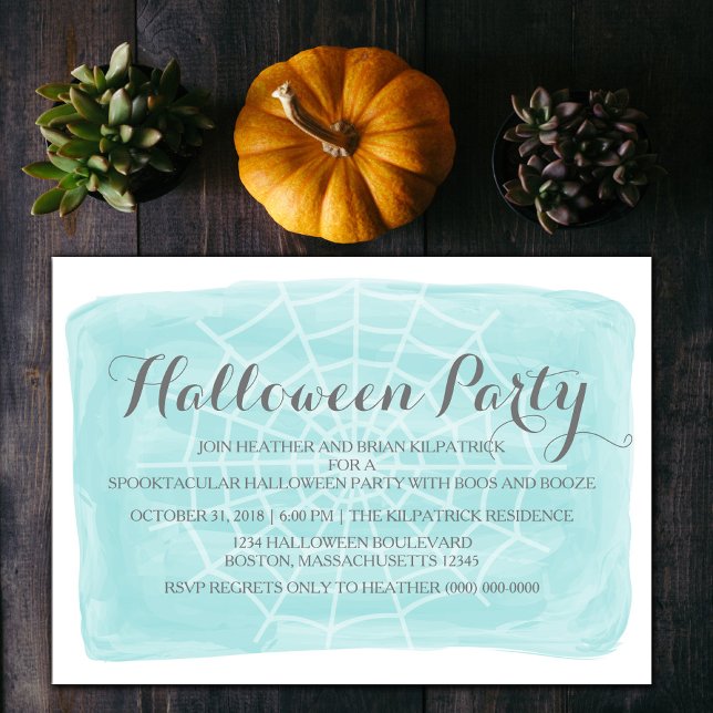 Aqua Watercolor Spindelnät Halloween fest Inbjudan (Aqua Watercolor Spiderweb Halloween Party Invite)