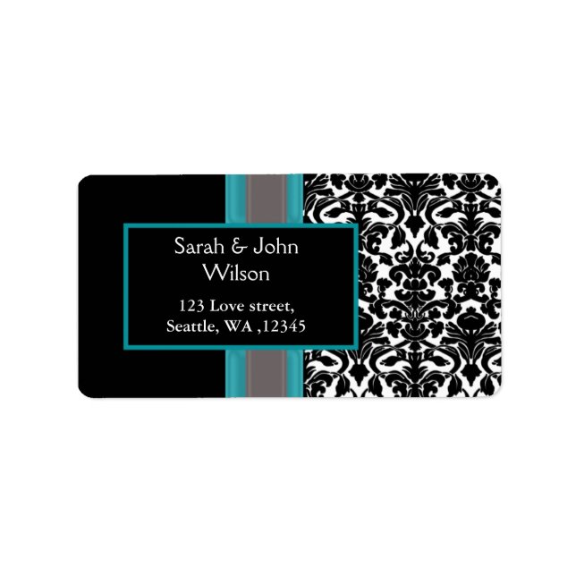 Aqua White Black Damask Wedding-inbjudningar Adressetikett (Framsidan)