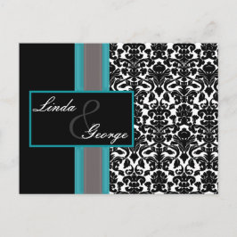 Aqua White Black Damask Wedding-inbjudningar Inbjudan Vykort