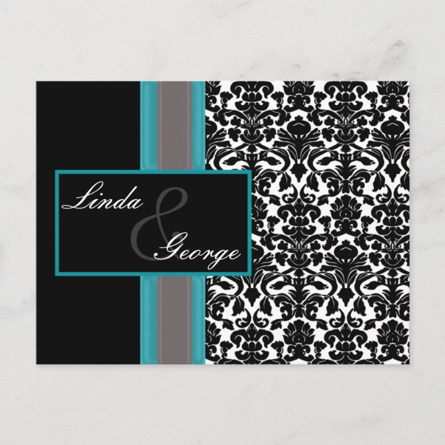 Aqua White Black Damask Wedding-inbjudningar Inbjudan Vykort (Framsida)