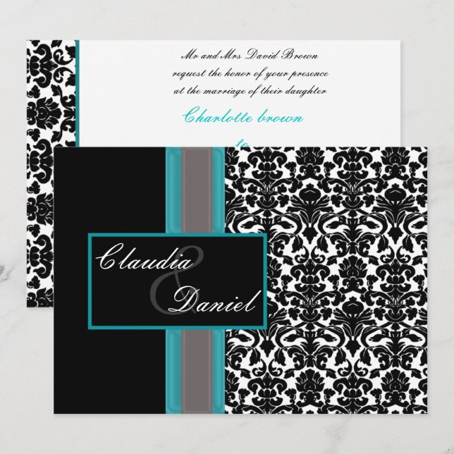 Aqua White Black Damask Wedding-inbjudningar Inbjudningar (Fram/baksida)