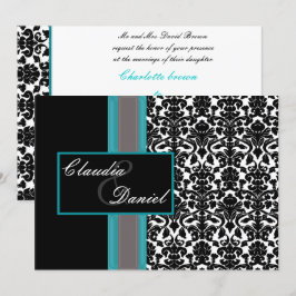 Aqua White Black Damask Wedding-inbjudningar Inbjudningar