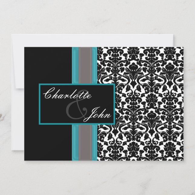 Aqua White Black Damask Wedding-inbjudningar Inbjudningar (Framsida)