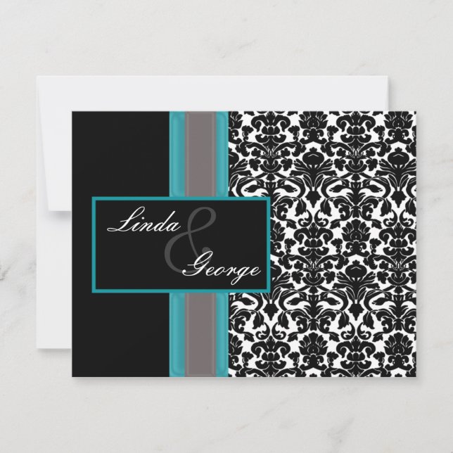 Aqua White Black Damask Wedding-inbjudningar OSA Kort (Framsida)