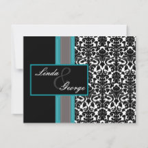 Aqua White Black Damask Wedding-inbjudningar