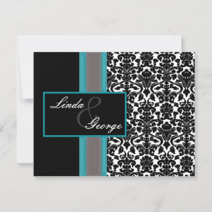 Aqua White Black Damask Wedding-inbjudningar OSA Kort