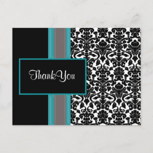 Aqua White Black Damask Wedding-inbjudningar Vykort