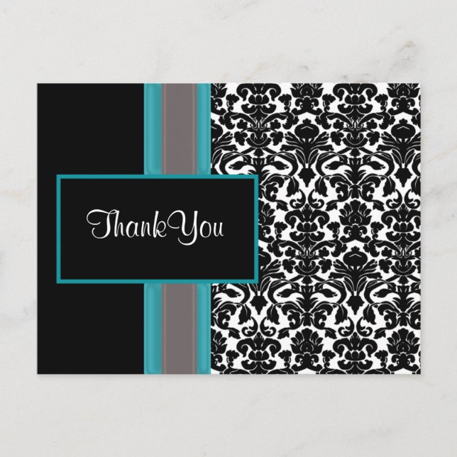 Aqua White Black Damask Wedding-inbjudningar Vykort (Framsida)