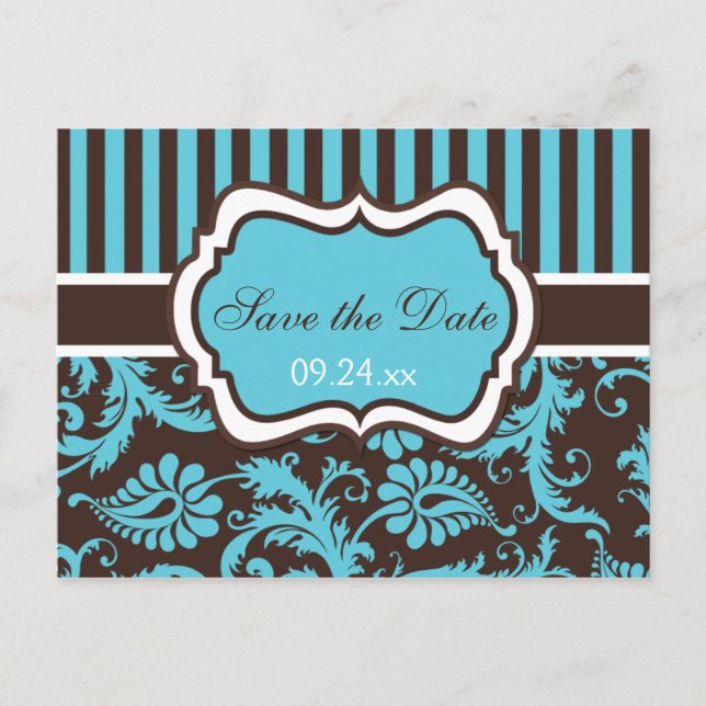 Aqua, White, Brown Damask Save Date Card Meddelande Vykort (Framsida)