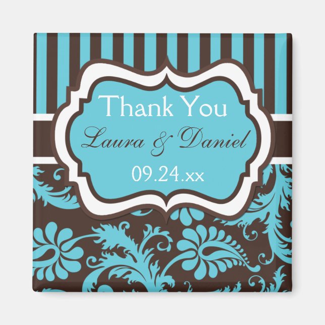 Aqua, White, Brown Damask Wedding Favor Magnet (Framsidan)