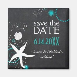 Aqua White Chalkboard Beach Wedding Spara datum Magnet