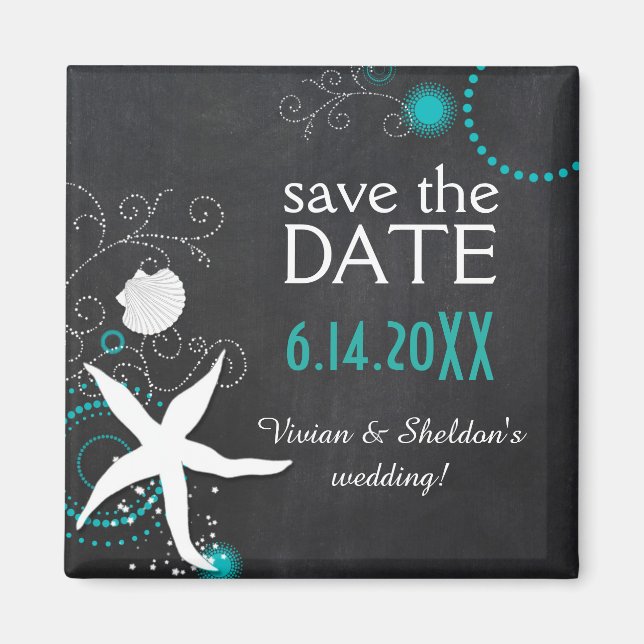 Aqua White Chalkboard Beach Wedding Spara datum Magnet (Framsidan)