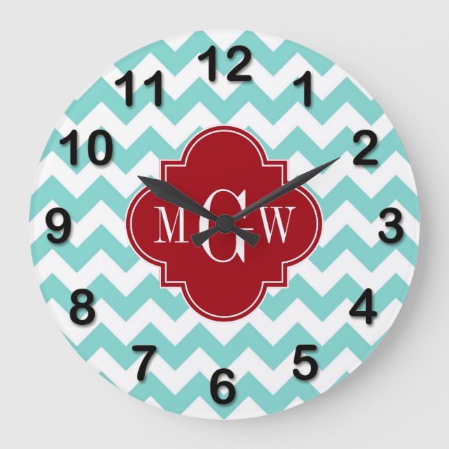 Aqua White Chevron Cranberry Quatrefoil 3 Monogram Stor Klocka (Framsida)