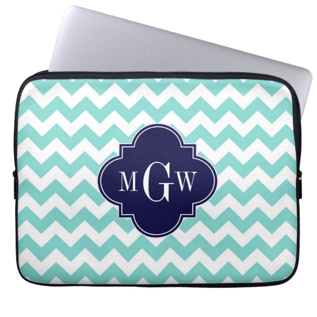 Aqua White Chevron Navy Blue Quatrefoil 3 Monogram Laptop Sleeve (Framsidan)