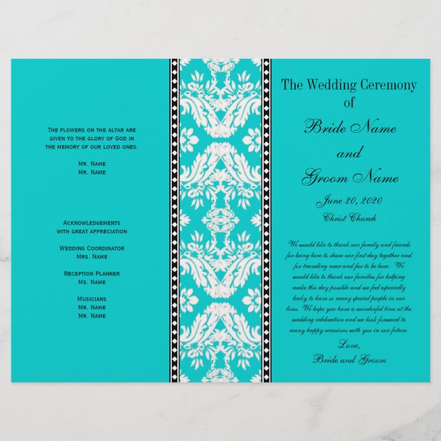 Aqua White Damask Wedding Program (Framsida)