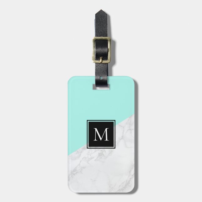 Aqua | White Marble Monogram Luggage Tag Bagagebricka (Vertikal Framsida)
