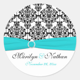 Aqua, White och Black Damask 1,5-tums Round Sticke Runt Klistermärke