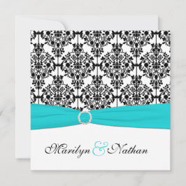 Aqua, White och Black Damask Square Inbjudan II