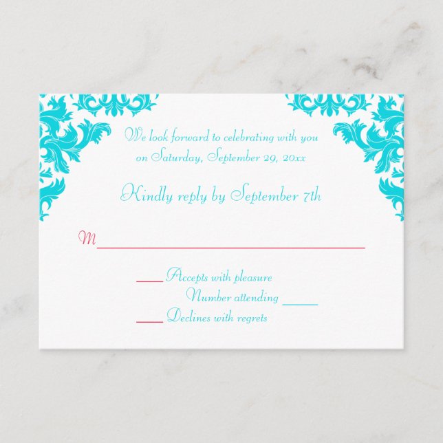 Aqua, White och Red Damask OSA kort (Framsida)