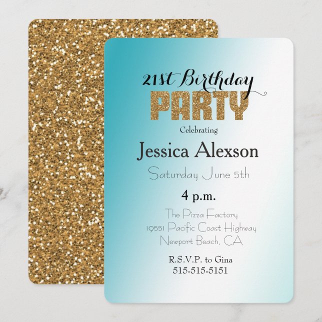 Aqua White Ombre Guld Glitter Inbjudningar (Fram/baksida)