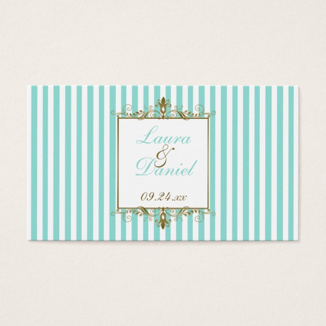 Aqua, White Rand Guld Scrolls  Wedding Favor Märkr Visitkort (Framsidan)