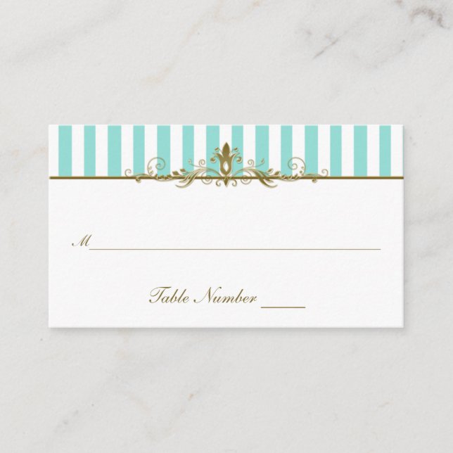 Aqua, White Rand med Guld Scrolls Placecard Placeringskort (Framsida)