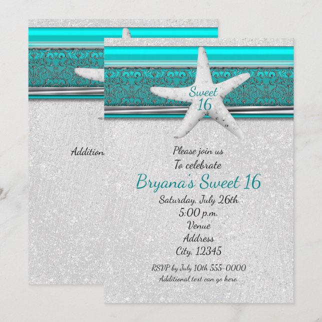 Aqua & White Starfish Beach Sweet 16-inbjudningar Inbjudningar (Fram/baksida)