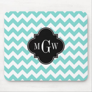 Aqua Wht Chevron Black Quatrefoil 3 Monogram Musmatta