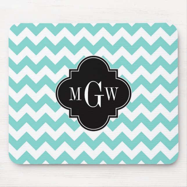Aqua Wht Chevron Black Quatrefoil 3 Monogram Musmatta (Framsidan)