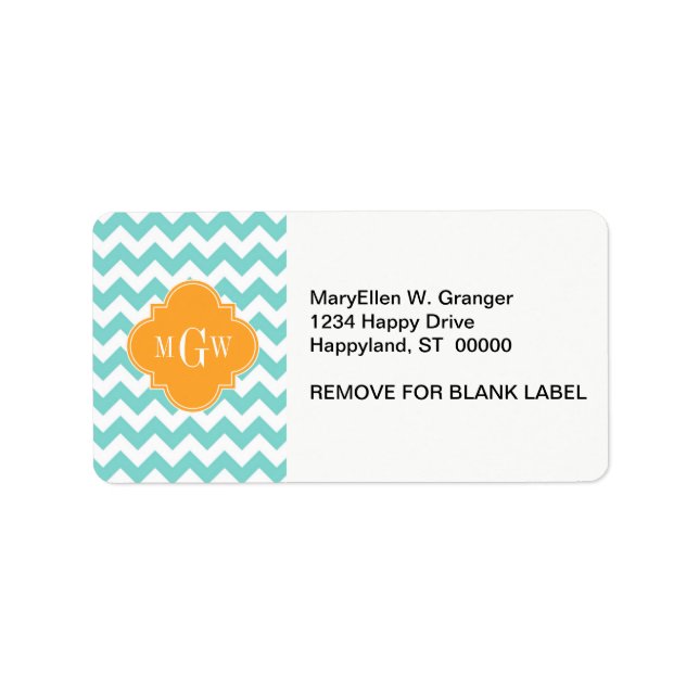 Aqua Wht Chevron Cantaloupe Quatrefoil 3 Monogram Adressetikett (Framsidan)
