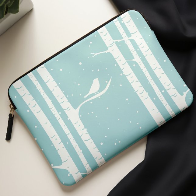 Aqua Winter Birch Träd och Bird Laptop Sleeve (Skapare uppladdad)