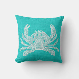 Aqua with White Crab Burlap-utseende Kudde