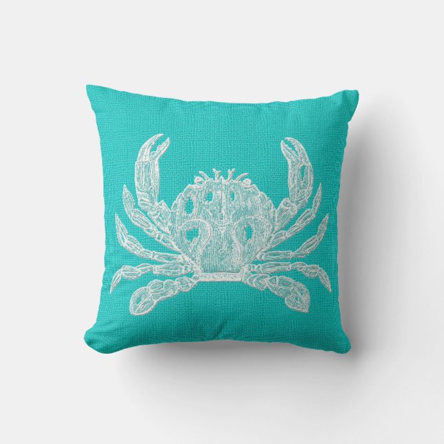 Aqua with White Crab Burlap-utseende Kudde (Framsida)