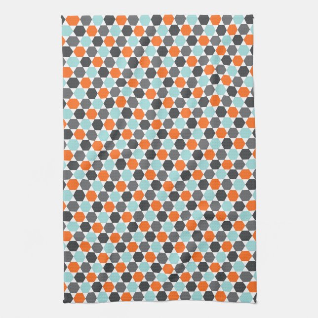 Aquablått, grått, orange geometriskt kökshandduk (Vertikal)